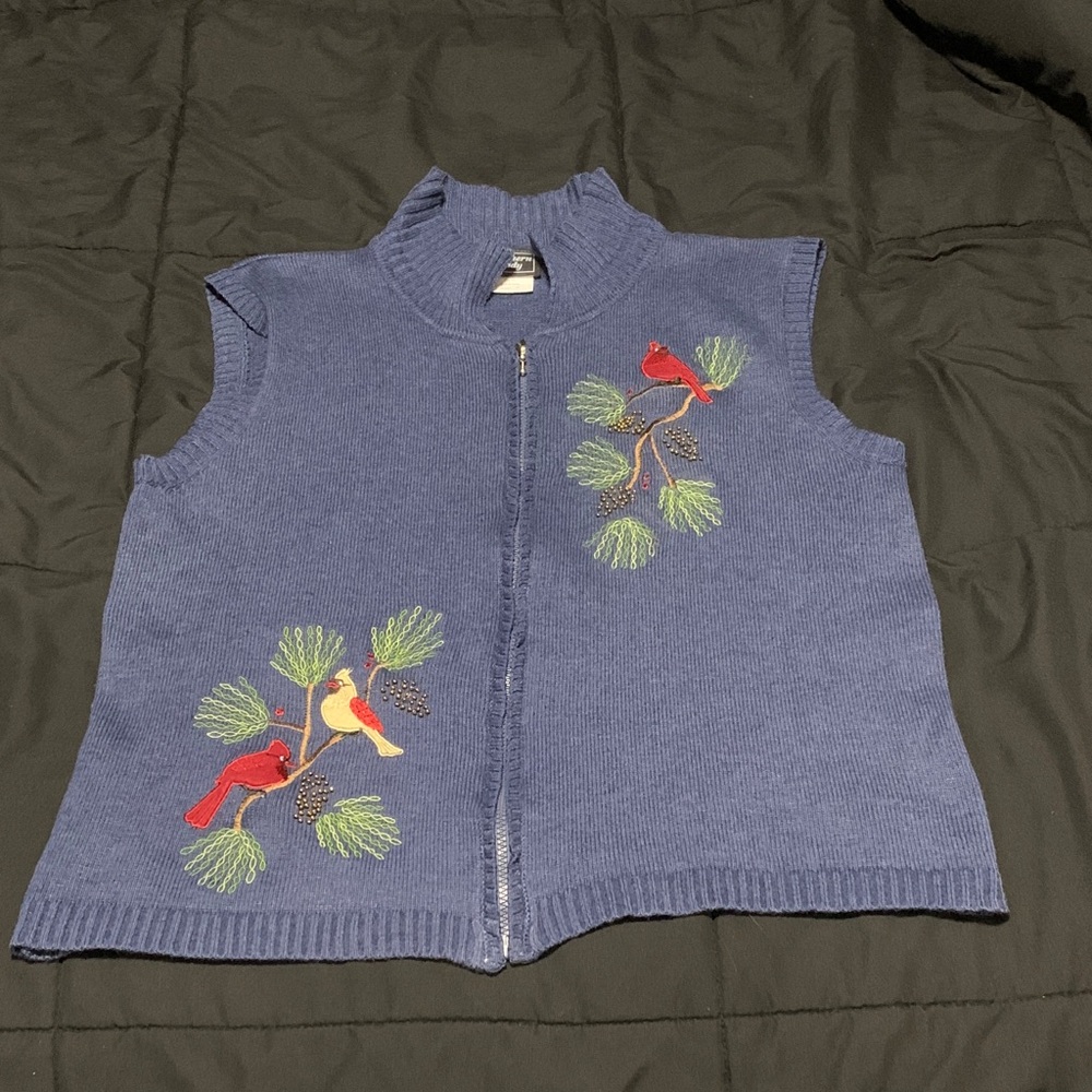 Southern Lady - Blue Knit Cardigan with Cardinal’s Embroidered on Front (1X)